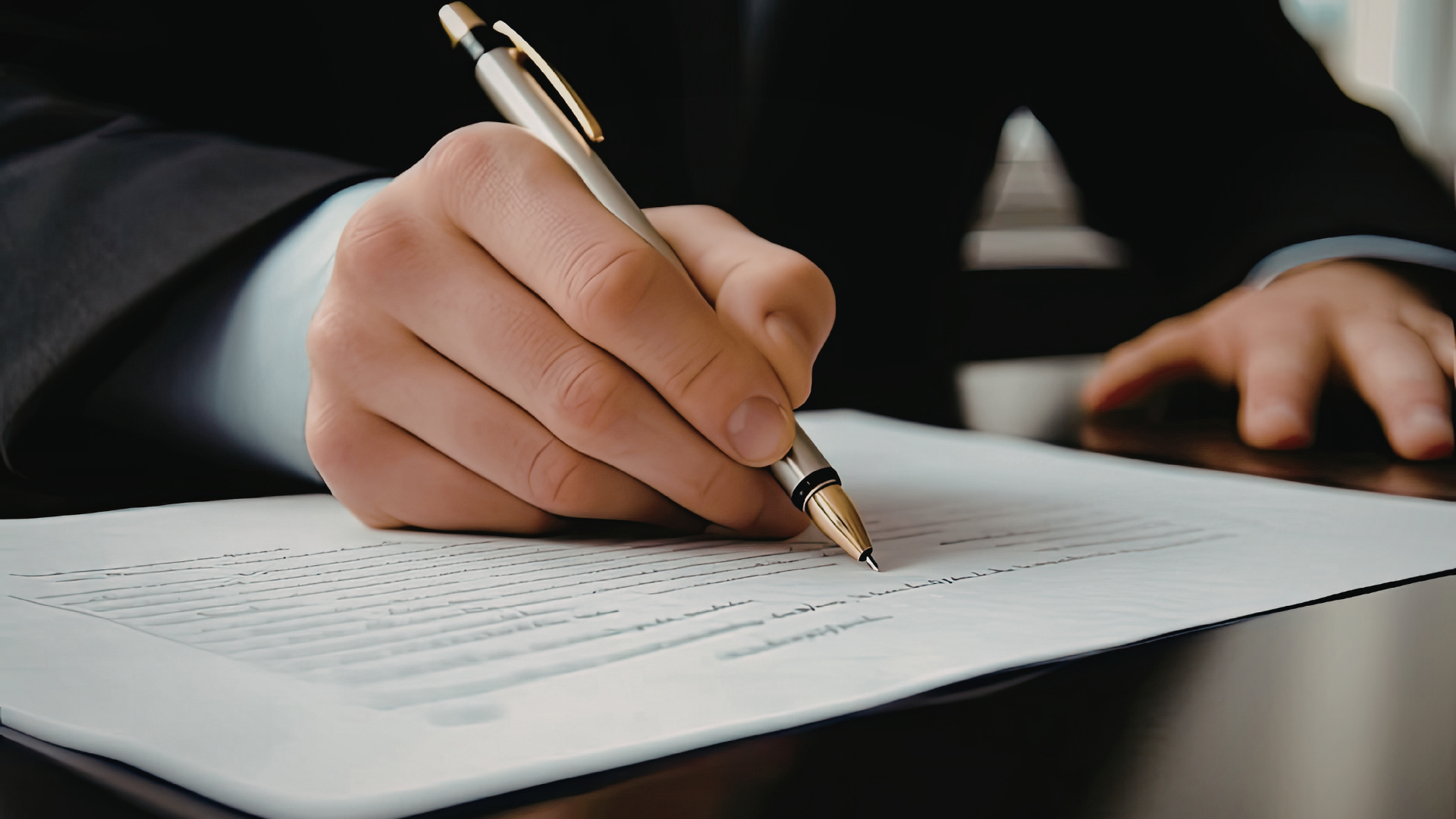 Une main signant un document