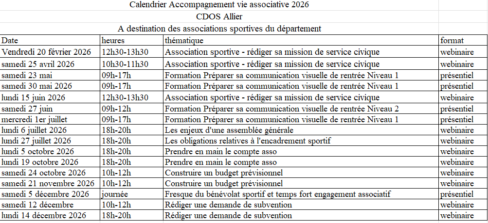 Calendrier accompagnement vie associative